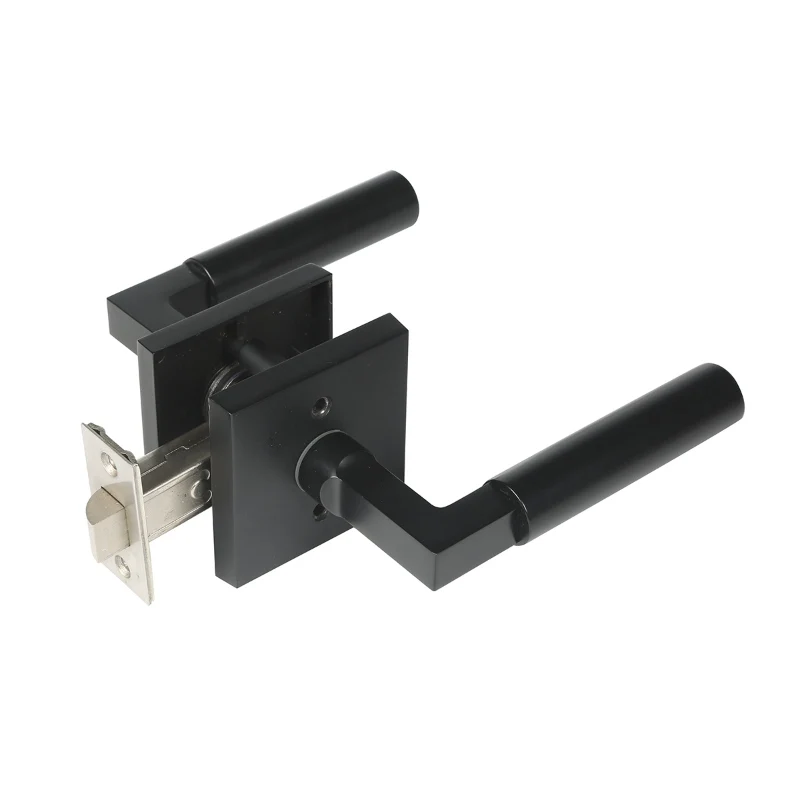 Passage Door Handle Lever in Matte Black, Interior Lever Push Button Lock Zinc Alloy Modern for Hall and Closet , Square Rose