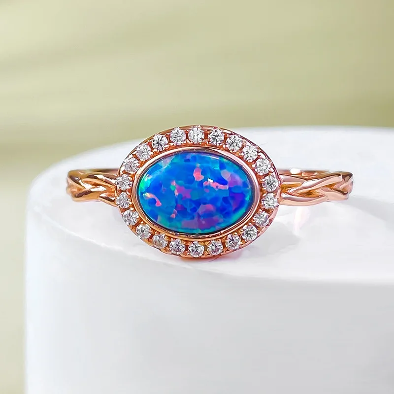 New Rose Gold Plated Inlaid One Carat Blue Opal Ring Jewelry For Women 925 Silver