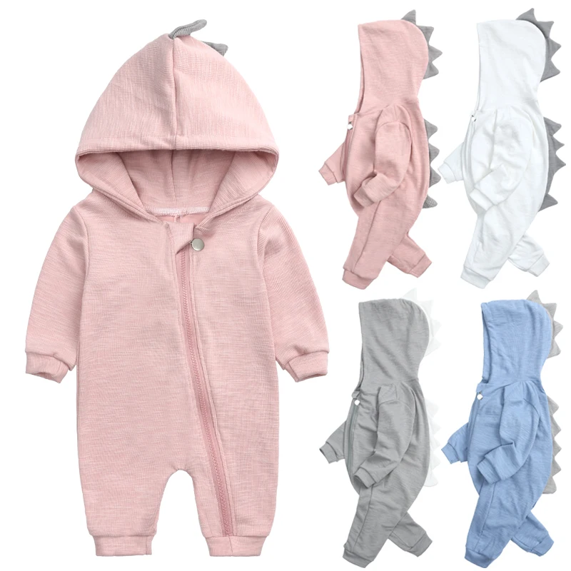 New Hot Selling Dinosaur Hooded Baby Jumpsuit Romper Long Sleeved Cotton Baby Boy Gilr Clothes Zip Up Baby Romper Wholesale