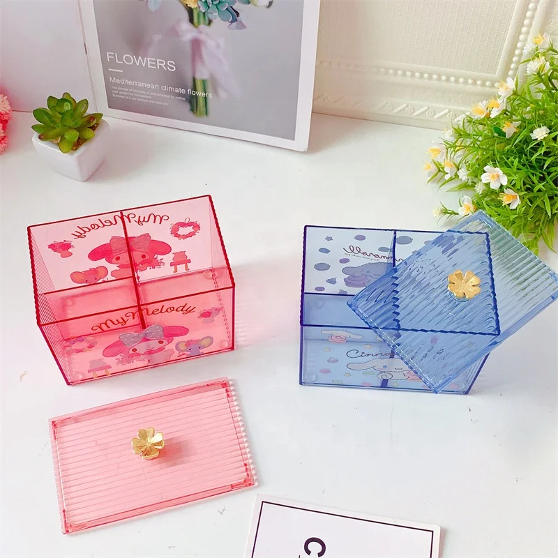 Wholesale lovely Kuromi makeup grid storage box acrylic cotton swab tube sundry finishing box stationery