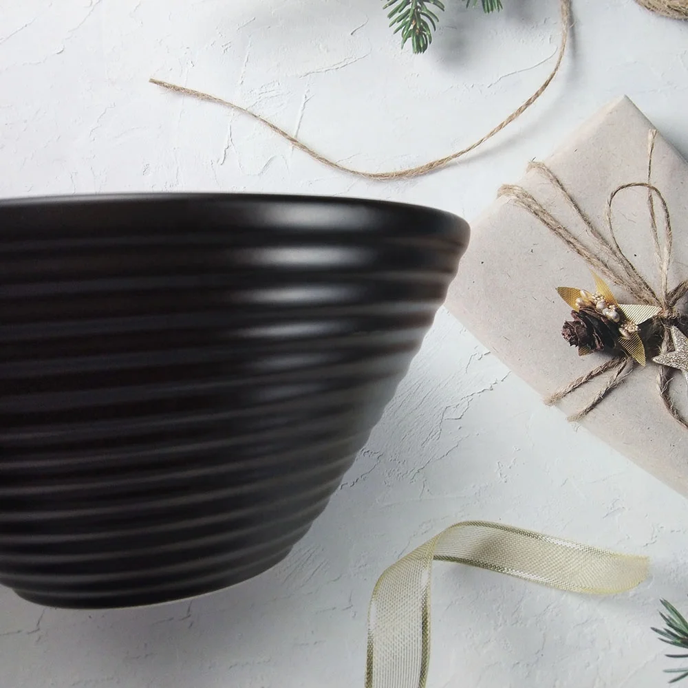 Udon Black Japanese 8 Inch Soup Bowl Ceramic Ramen Bowl Set With Spoon