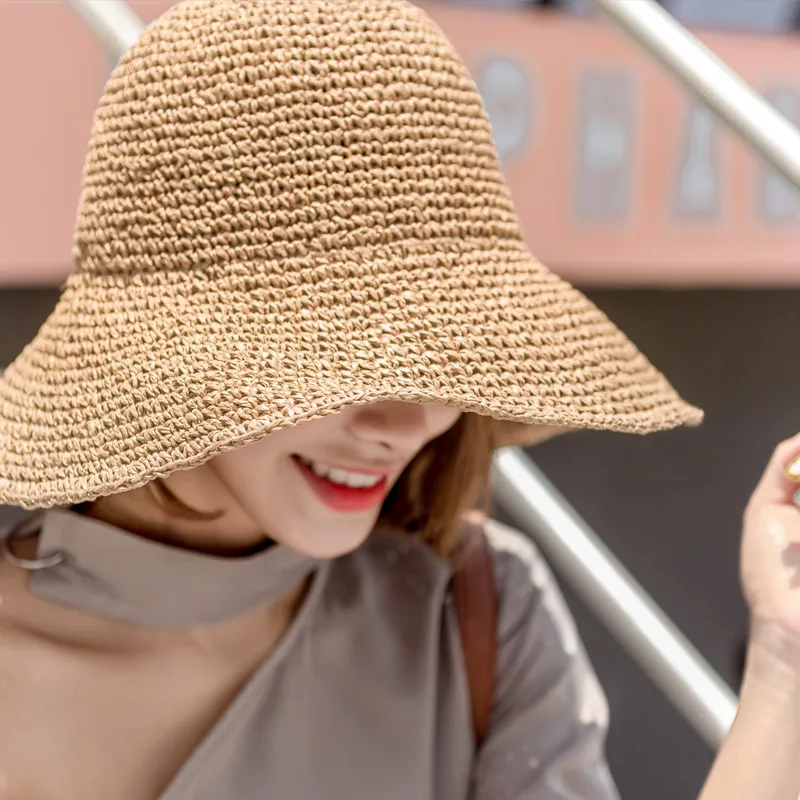 Colorful Foldable Handmade Crochet Bucket Hats Sunshade Wide Brim Straw Beach Hats Wholesale