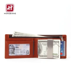 Wallet with money clip OEM customize zipper cash compartment leather wallet