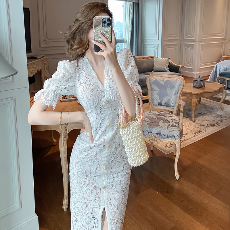 ZYHT 20468 Summer Women Fashion OL Style Dress Sexy Front Slit V-Neck Single Breasted Midi Lace Elegant Dresses Female