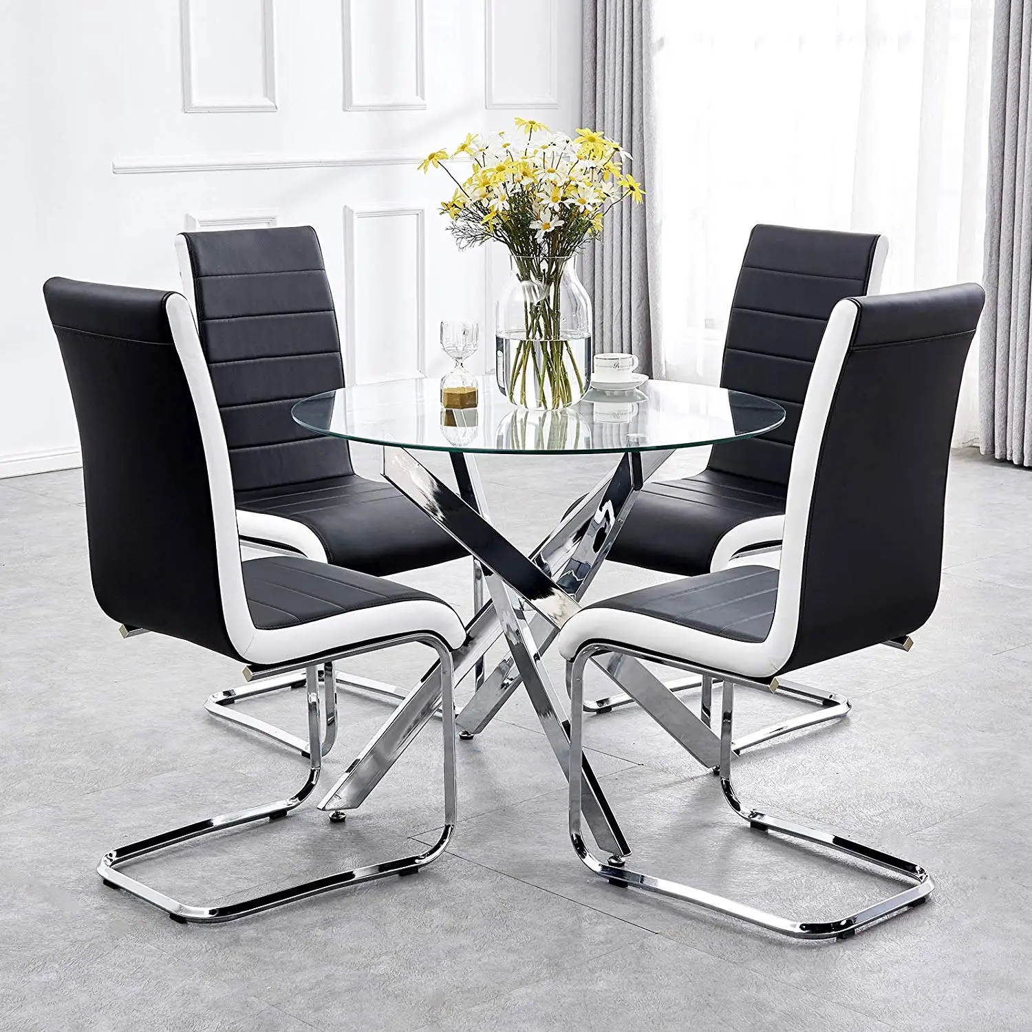 Black White Grey Glass Round table set Top And Metal Leg Cheap dinning restaurant modern 4 chairs kitchen dining table set