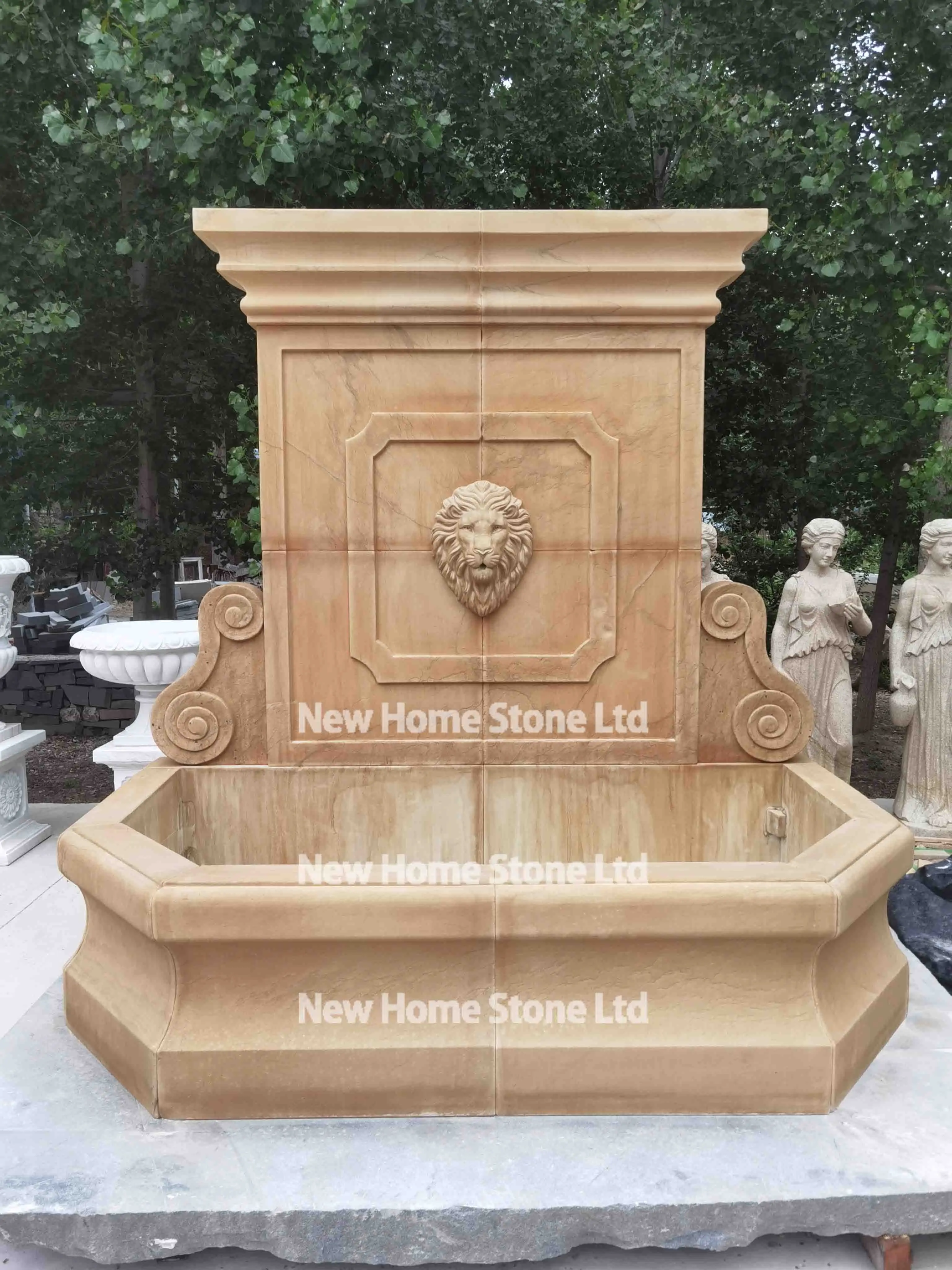 Antique beige stone wall fountain with lion head waterfall marble water limestone fountain for garden decor