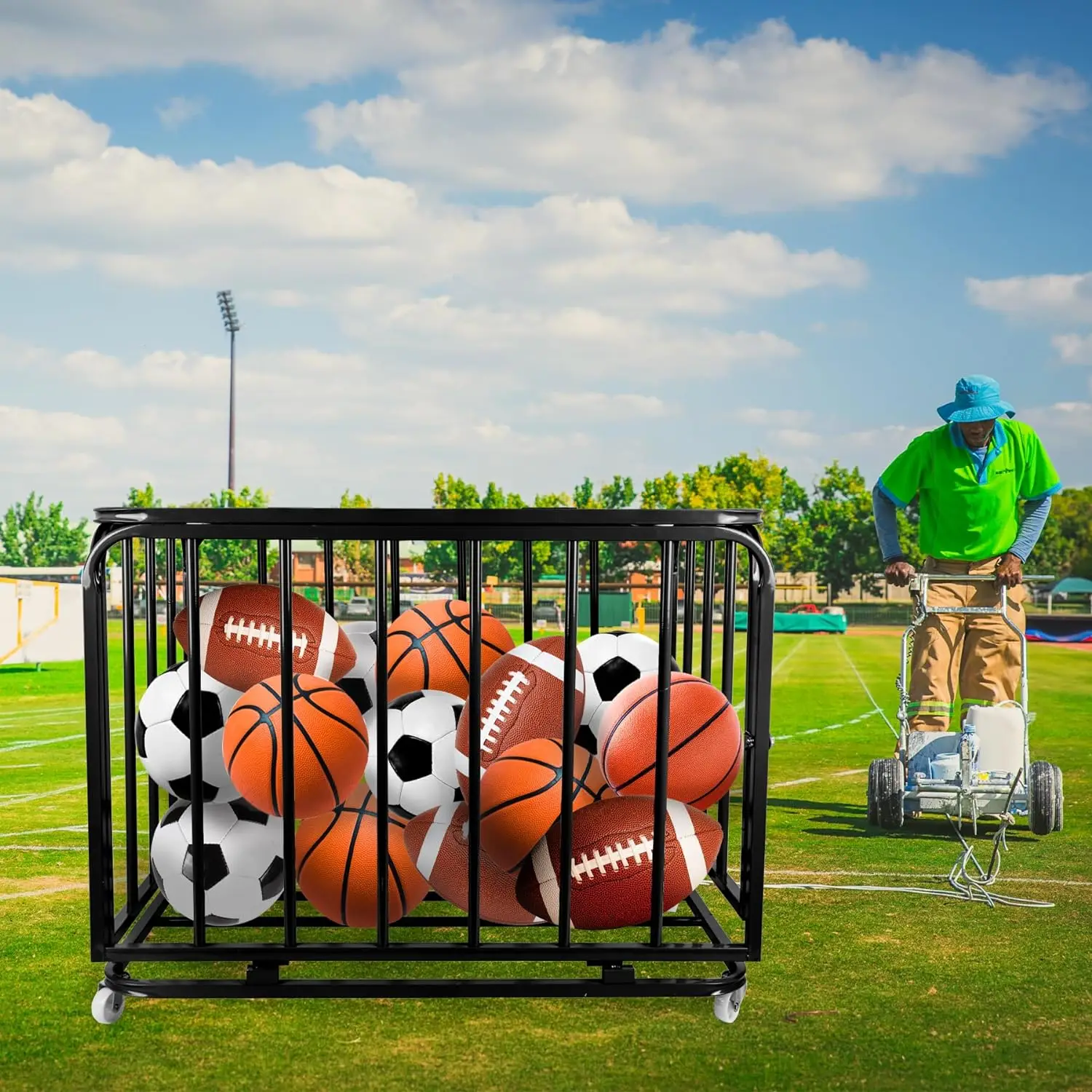 Rolling Ball Cart Foldable Sports Ball Storage Cart Large Capacity Basketballs Organizer for Gym School