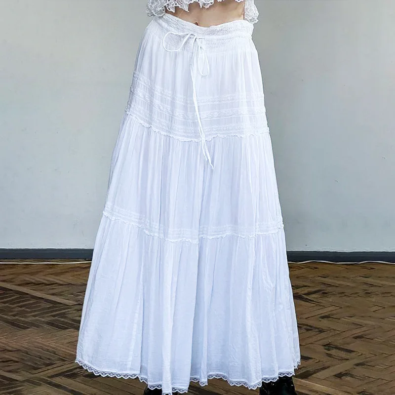Vacation style lace stitching elastic waistband skirt women all-match high waist white long skirt
