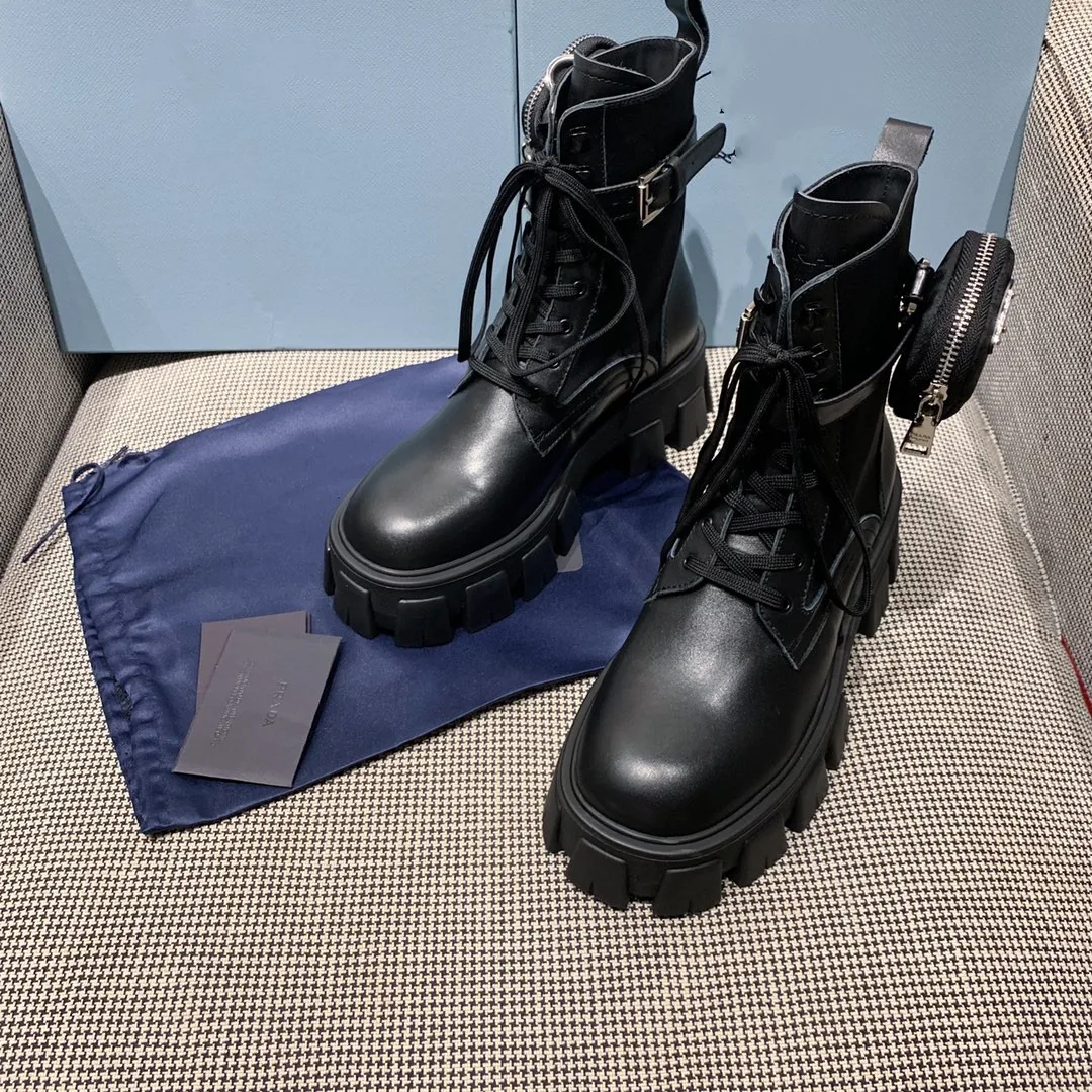 women shoes leather anti-skid zipper-up black martin boots platform black high heel shoes pocket wallet hiking boots