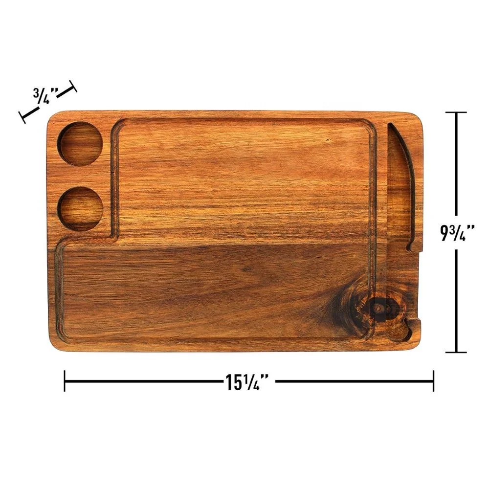 Refined-bam Acacia Wood Steak cutting Board with sauce cups and knife