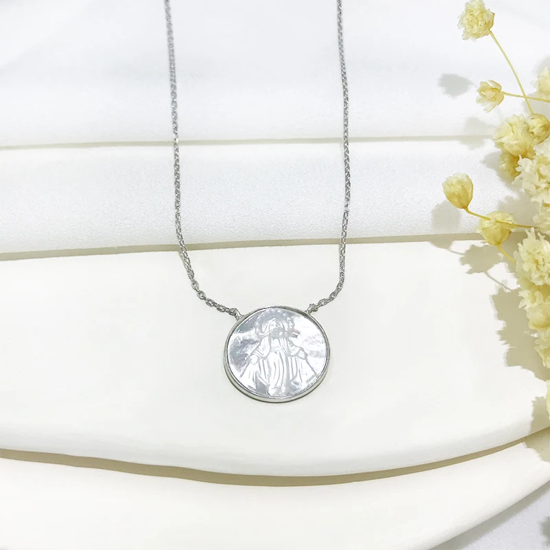 Новый пользовательский скульптура Девы Марии женские natural sea shell Круглый геометрический кулон 925 серебряное ожерелье