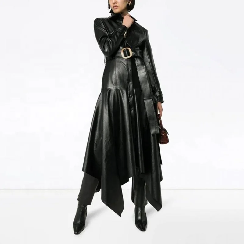 
XXL-6844 Good Quality Good Price Black Women Fashionable Outdoor Slim Pu Long Dresses And Skirts long sleeve leather dress 