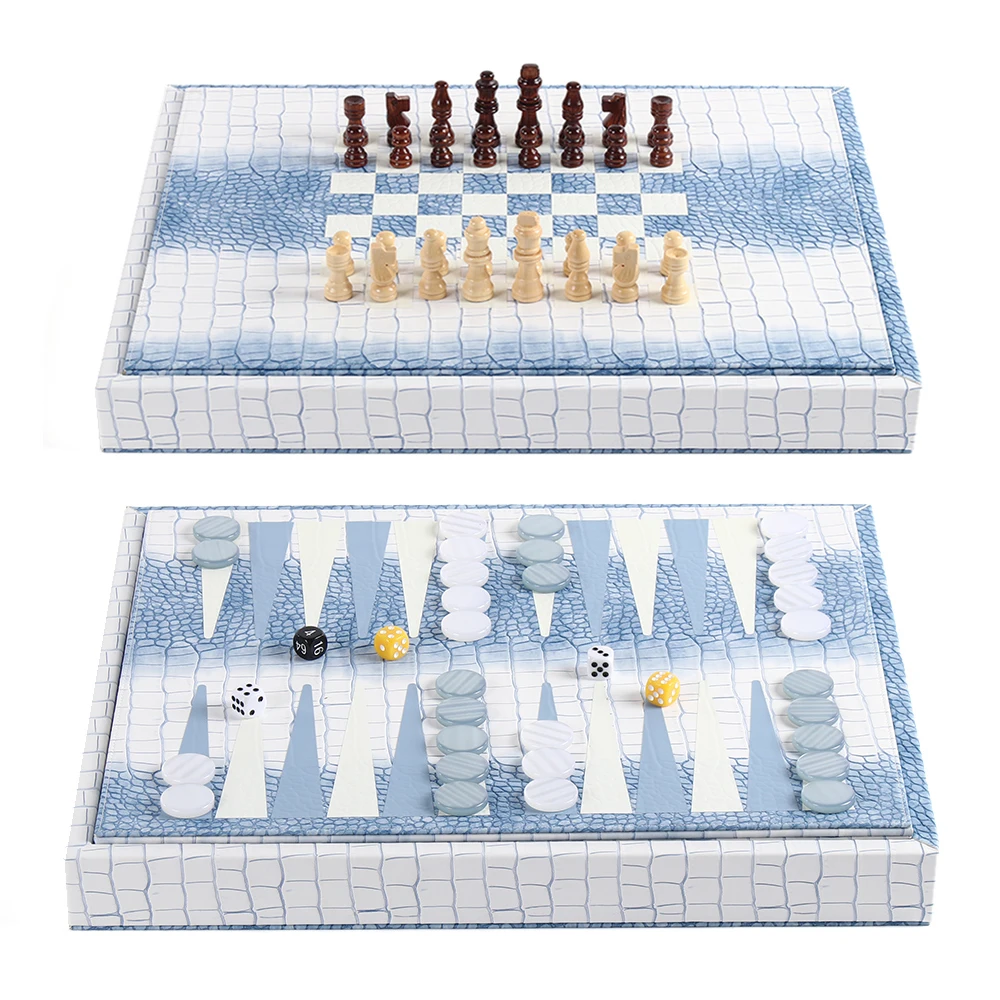 Handmade Blue Premium Chess Board Game Box Professional Custom Travel Leather Luxury 2 In 1 Chess And Backgammon Set