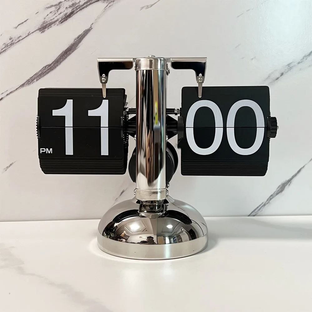 Small Scale Retro Flip over Quartz Clock Stainless Steel Internal Gear Operated Black/White Analog-Digital Table Clock