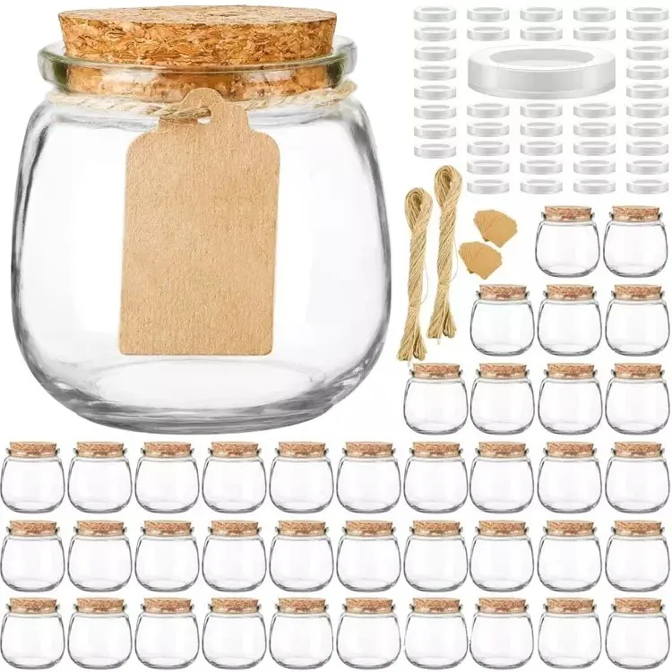 Empty circular wide mouth mini yogurt can wholesale food glass pudding bottles with cork caps