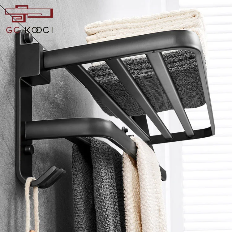 High Quality Black Aluminum Wall Mounted Bathroom Towel Racks with Hooks Premium Bathroom Accessory