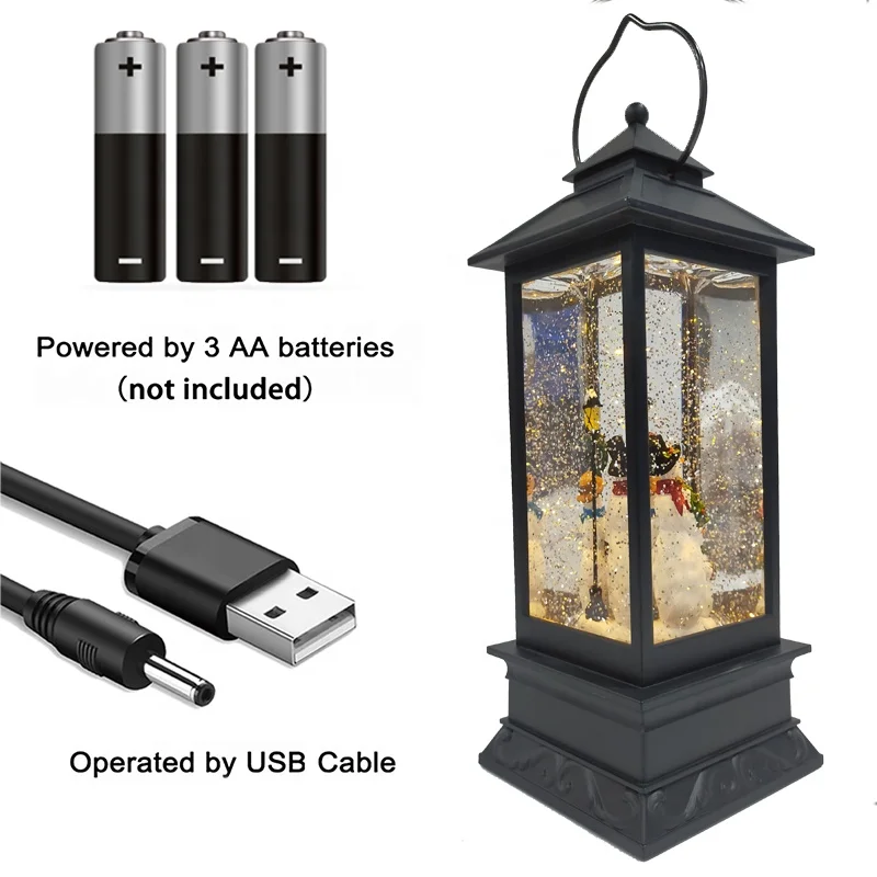 Resin Square Shape Glitter Water Spinning Lantern Christmas Snow Globe Led Snowman Family Scene Glitter Lantern with Moving Snow