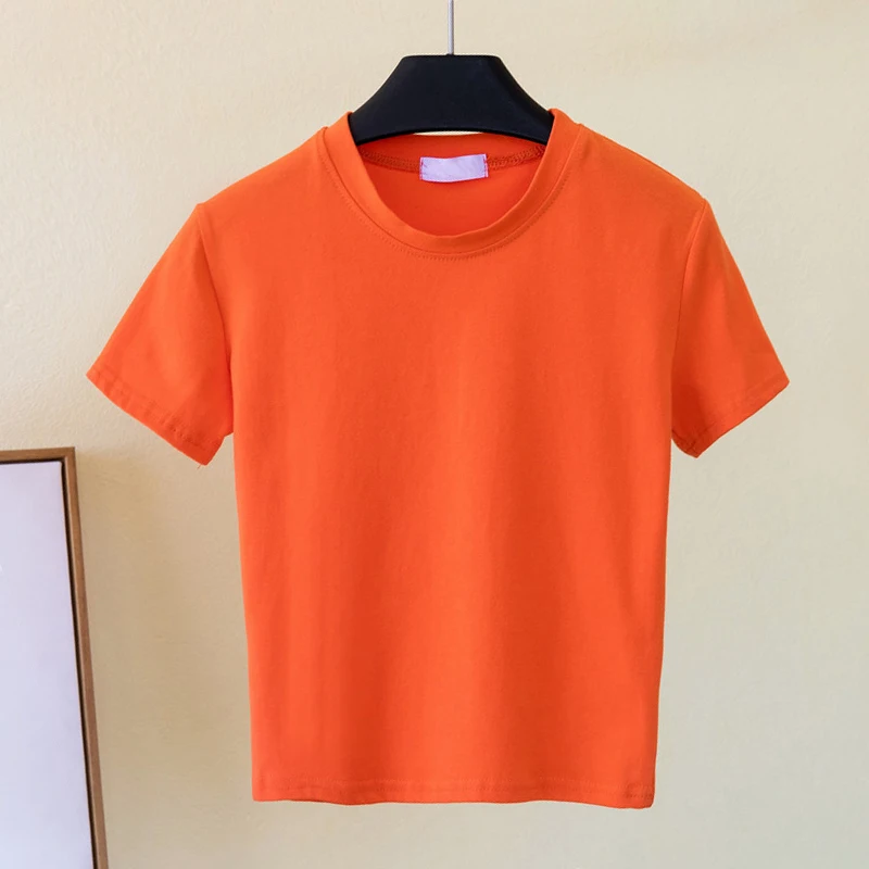 Custom Logo 100%cotton Blank O-Neck tshirt Short Sleeve Print Super White T-Shirts Summer Plain Tight Crop Tops For Women