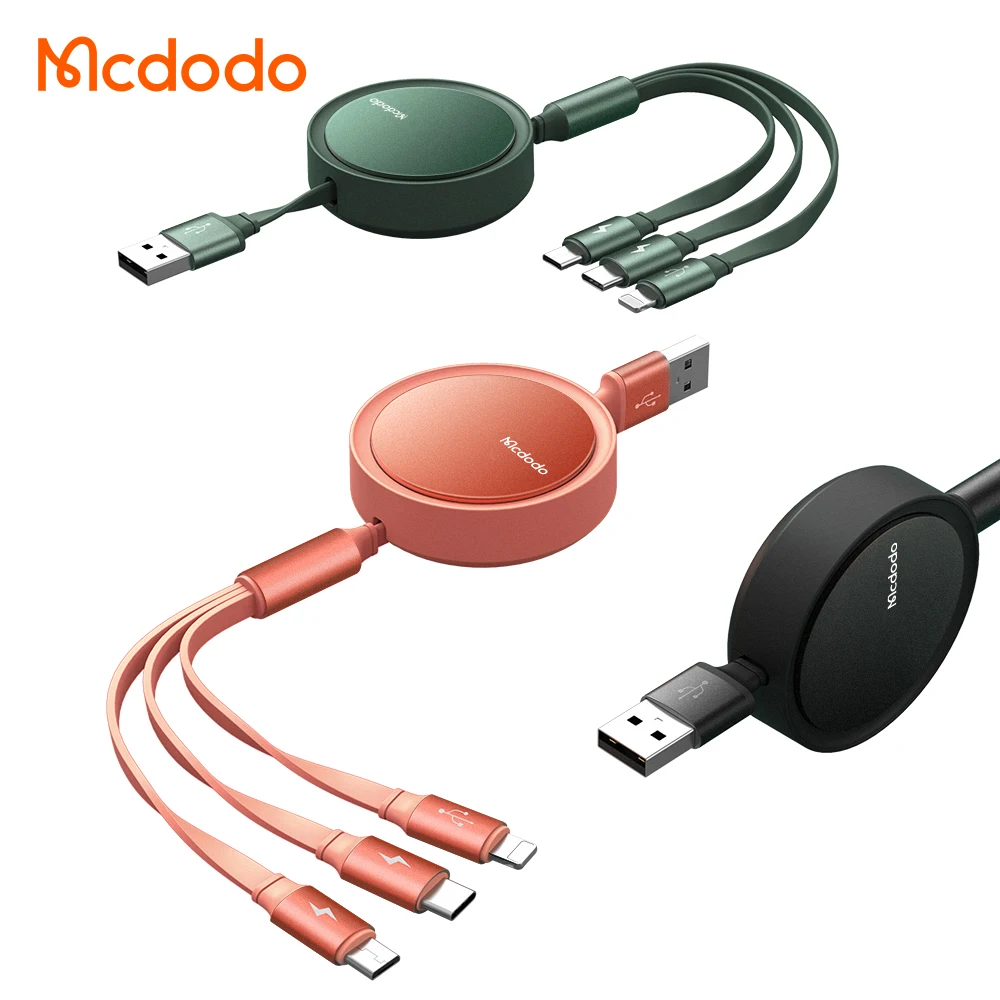 Mcdodo 3A Charging 3 in 1 Light-ning+Micro+Type C Data Cable, Multicharger Multi USB Retractable Charger Cable