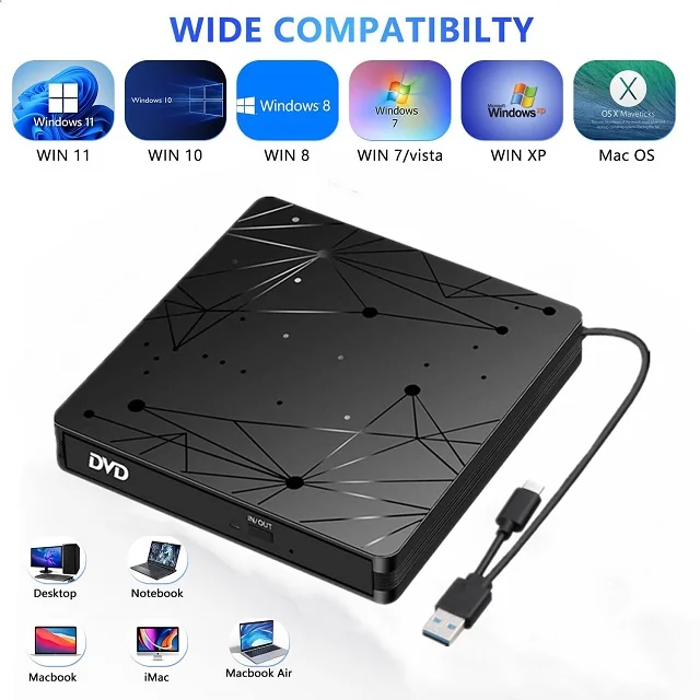Best Selling Type-C Laptop Slim CD Drive USB 3.0 Portable External DVD Player Win 11mac DVD rw Recorder Disc Reader