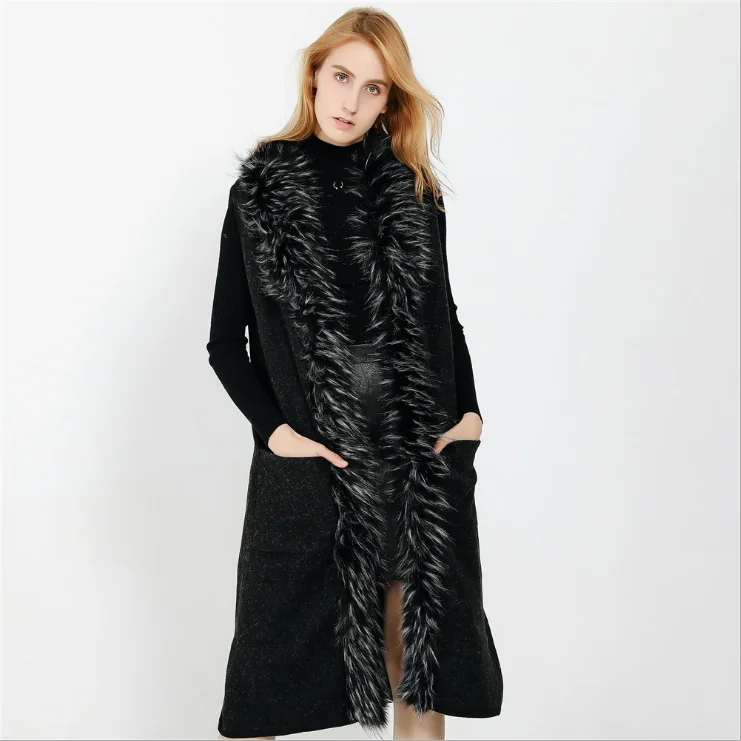 AGRADECIDO Cashmere Coat Women Winter Long Vest Coat Sleeveless Fleece Fur Coat Parka With Big Fur Collar