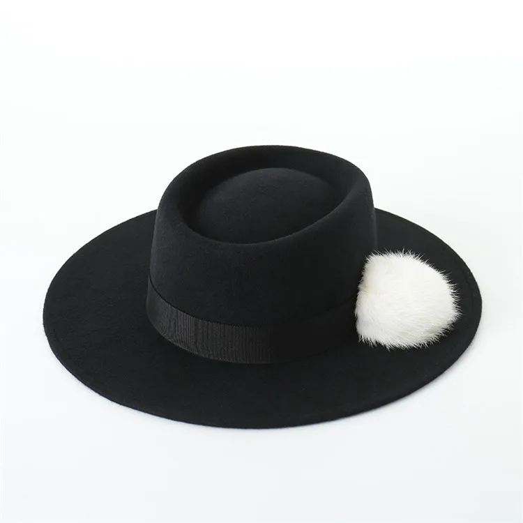 X1270 Unisex British Hats New Rabbit Fur Ball Decorative Wool Flat Hats Ladies Fashion Big Eaves Felt Flat Top Caps Fascinator