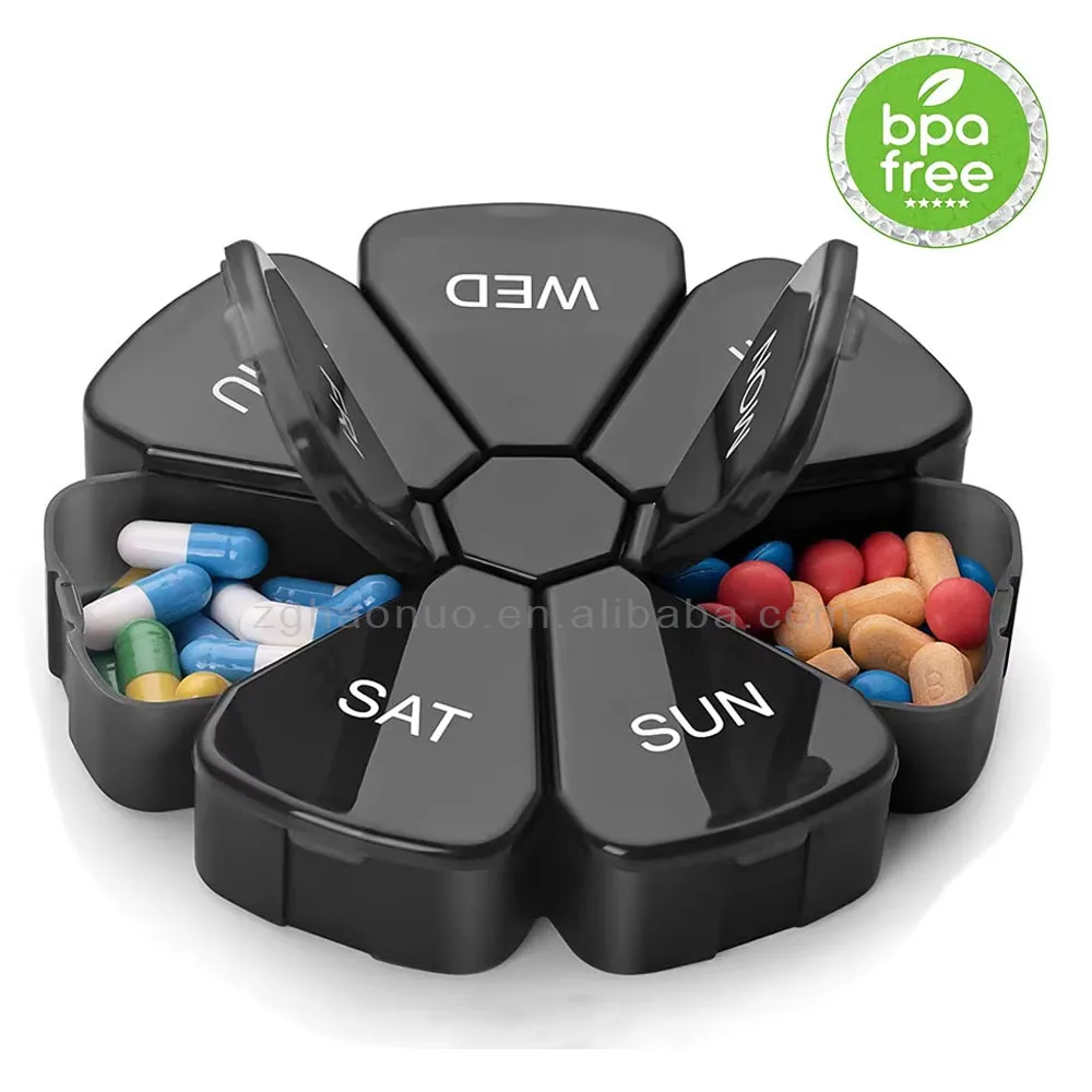 hot sale premium black flower petals pill organizer weekly travel  pill medicine box 7 days grids compartments pill storage box