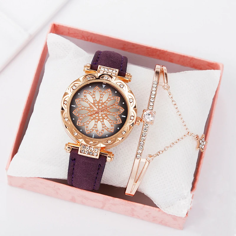 Hot Sale Women Ladies Fashion Star Leather Strap Quartz Wrist Bracelet Watches Gift Set
