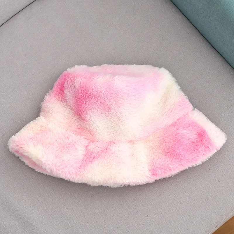 
New fashion warm tie dye hat winter plush rainbow faux fur fisherman hat outdoor bucket hats 