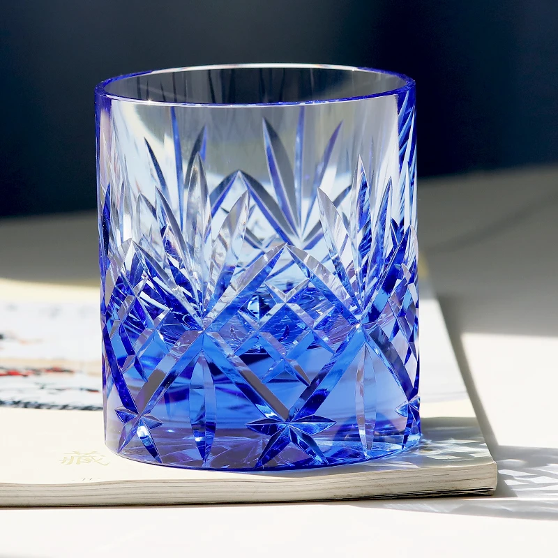 220ml K9 dark Blue Crystal Glass Whiskey Tumbler With Hand Carved Japanese Bamboo Leaves Design Old Fashioned Glass Blue