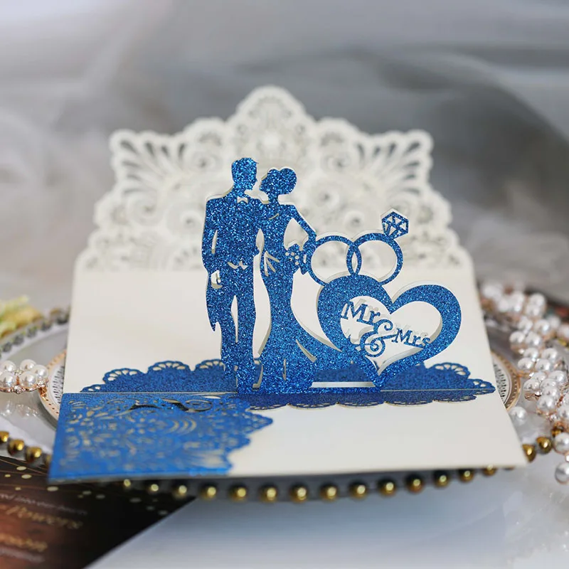Hollow Bride Groom Glitter Invitations Luxury Wedding Cards With RSVP Cards