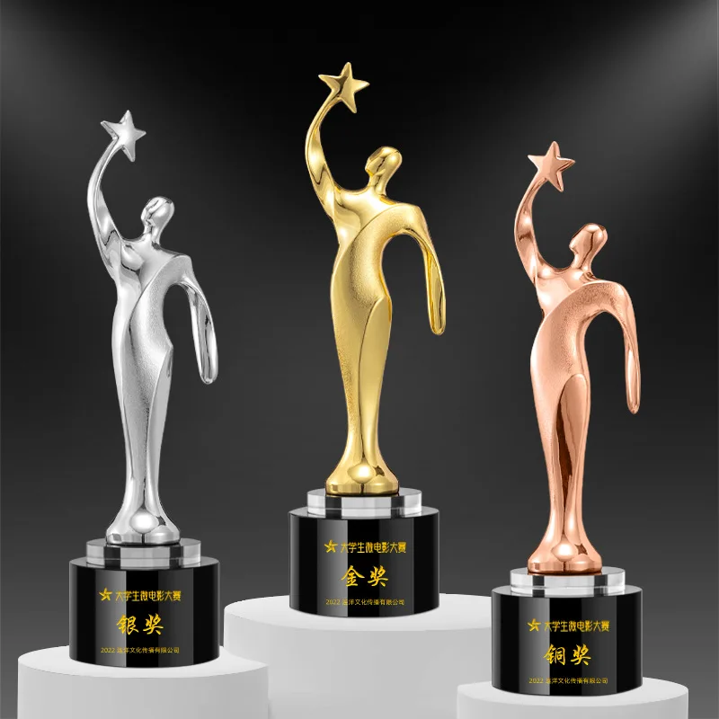 Custom wholesale K9 crysal blank oscar award trophy 3d engraving gold soccer ball Film Festival Souvenir Star crystal Trophy