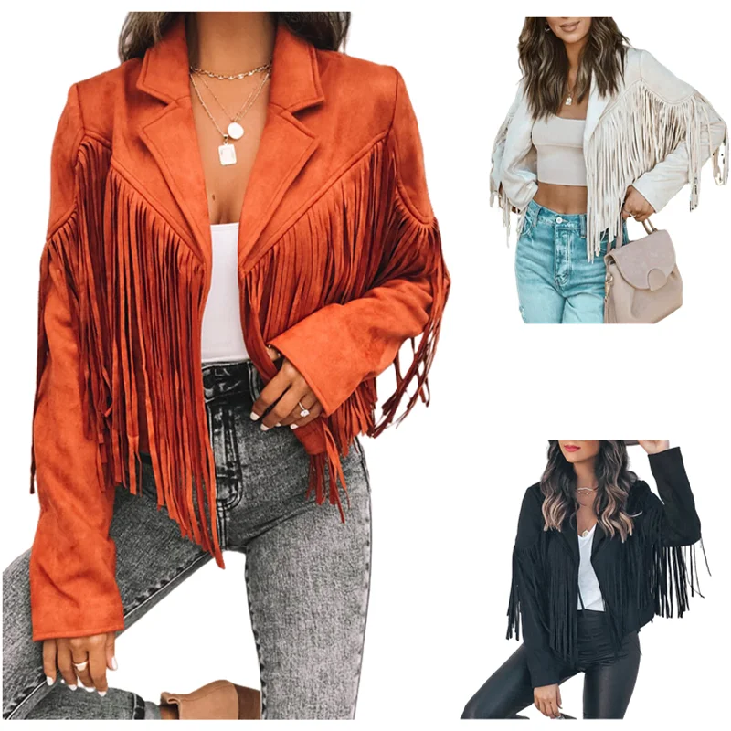 SU2674 Best-selling Leather Jackets For Women Winter Deer Fur Collar Tassel Short Motorcycle Jacket Leather Coats For Ladies
