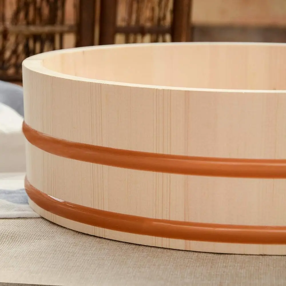 11.8 Inch Round Pine Wooden Sushi Rice Bowl Hangiri Sushi Oke Rice Mixing Tub Bucket