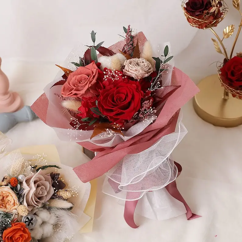 Yunnan Factory Wholesale Valentine Day Gift 2025 Preserved Roses Flowers Bouquet Big Size With Customized Color