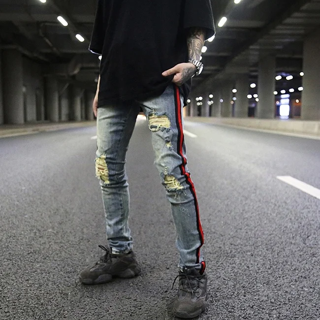 
OEM vintage washed stock dropshipping ripped distressed men track skinny denim jeans pants 