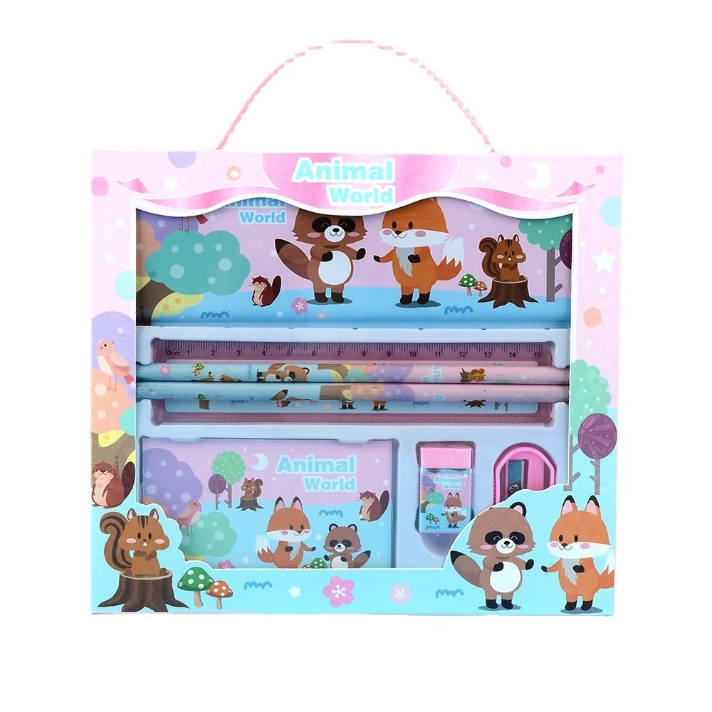 Ready to Ship Gift Stationery Pencil Eraser Set Cartoon Notepad Window Paper Box Stationery Sets For School Students