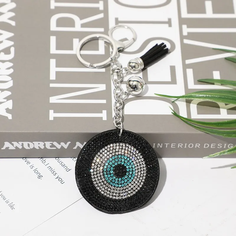 Fashionable Car Bag Pendant Accessories Round Blue Diamond Crystal Evil Eye Fatima Key Ring Rhinestone Hamsa Hand Key Chain