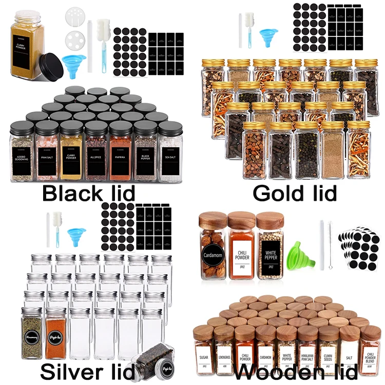 Wholesale 120ml 4oz 24pcs Square Shaker Lids Glass Seasoning Spice Bottle Jar Containers Set with Black Aluminum Lid and Labels