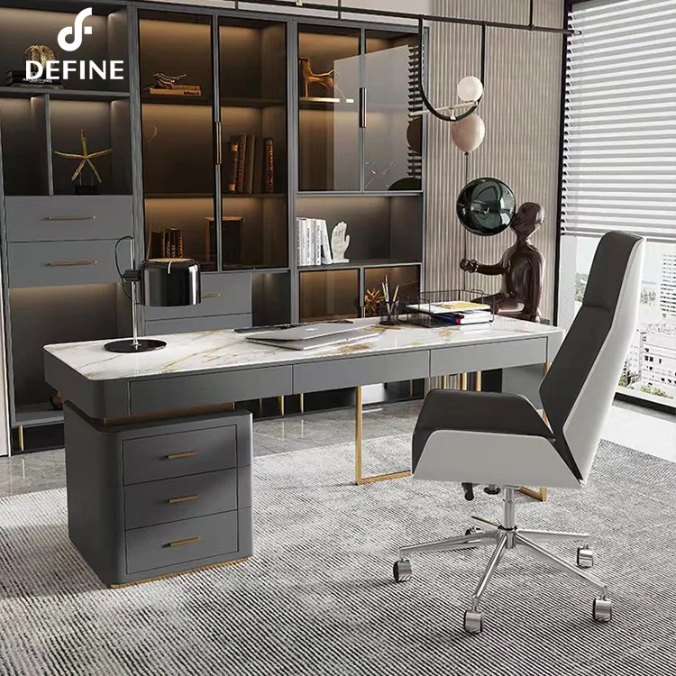 B Wooden Luxury Office Table Office Furniture Modern Luxury Design White Marble Home Office Desk With Side Board
