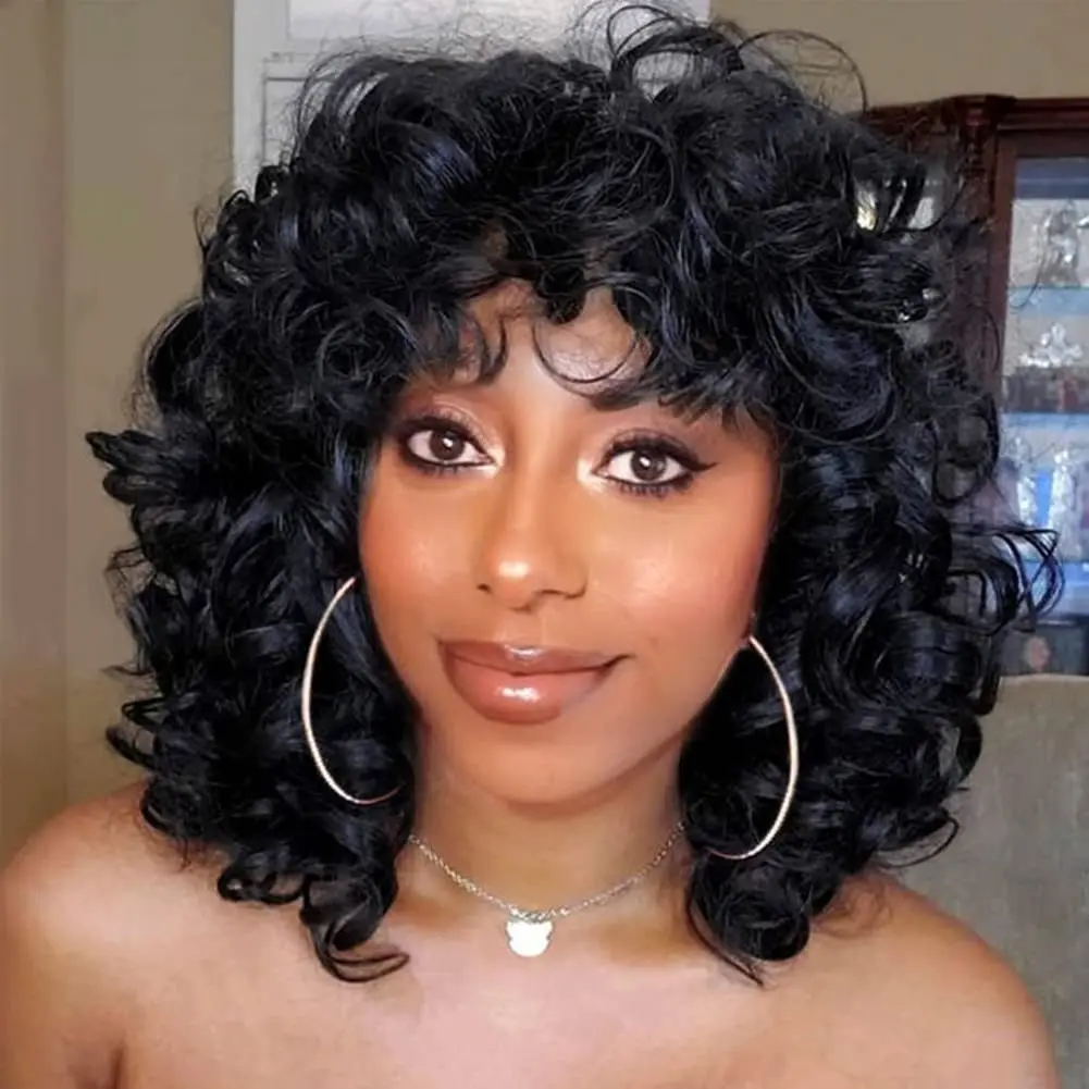 Rebecca Short Wigs for Black Women Curly Afro Kinky Wavy Wig with Bangs Black Natural Looking Synthetic Hair Replacement Wigs