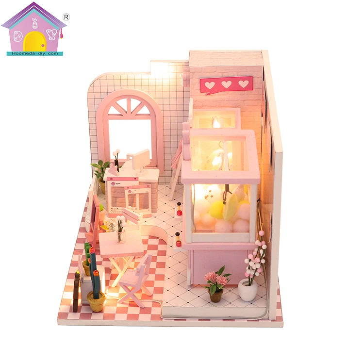 Магазин игрушек ручной работы милый розовый миниатюрный деревянный кукольный домик подарочные наборы со светодиодом для женщин