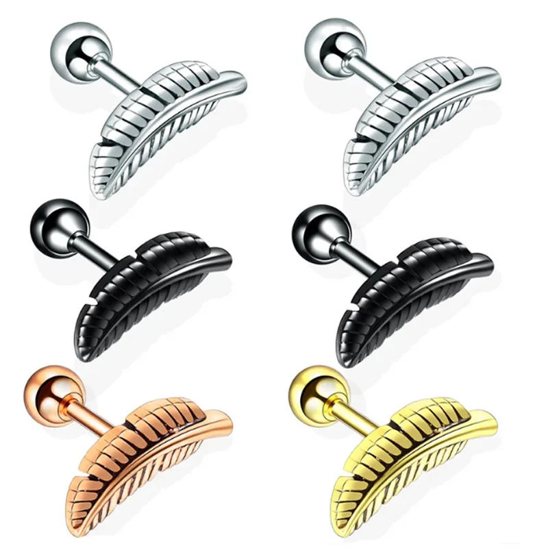 Retro Leaf Angel Feather Ear Cartilage Helix Bar Earring Barbell Bar Ear Stud Piercing Jewelry Stainless Steel Leaf Ear Piercing
