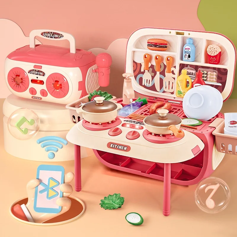 Multi-function 2 in 1 Karaoke Machine Stereo Microphone Mini Kids Pretend Play Kitchen Toys Cooking Set with Mobile