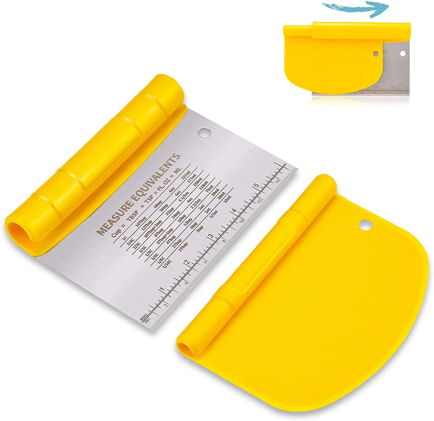 2 in 1 Bench Scraper Set Stainless Steel Bench Dough Scraper and Plastic Bowl Scraper Set with Measurement Equivalents for Cake