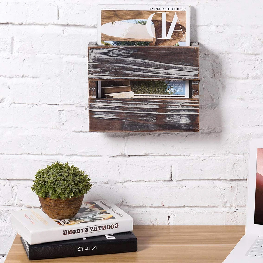 Rustic Torched Wood Magazine Holder Rack Wall Mounted,Wooden Hanging Mail Holder,Office Document File Wall Organizer