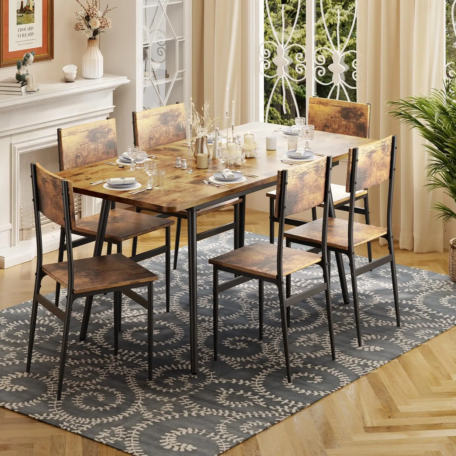 Dining Table Set for for 4-6 People Modern Dining Room 6 Chairs Wood Board Kitchen Table Set for Small Space