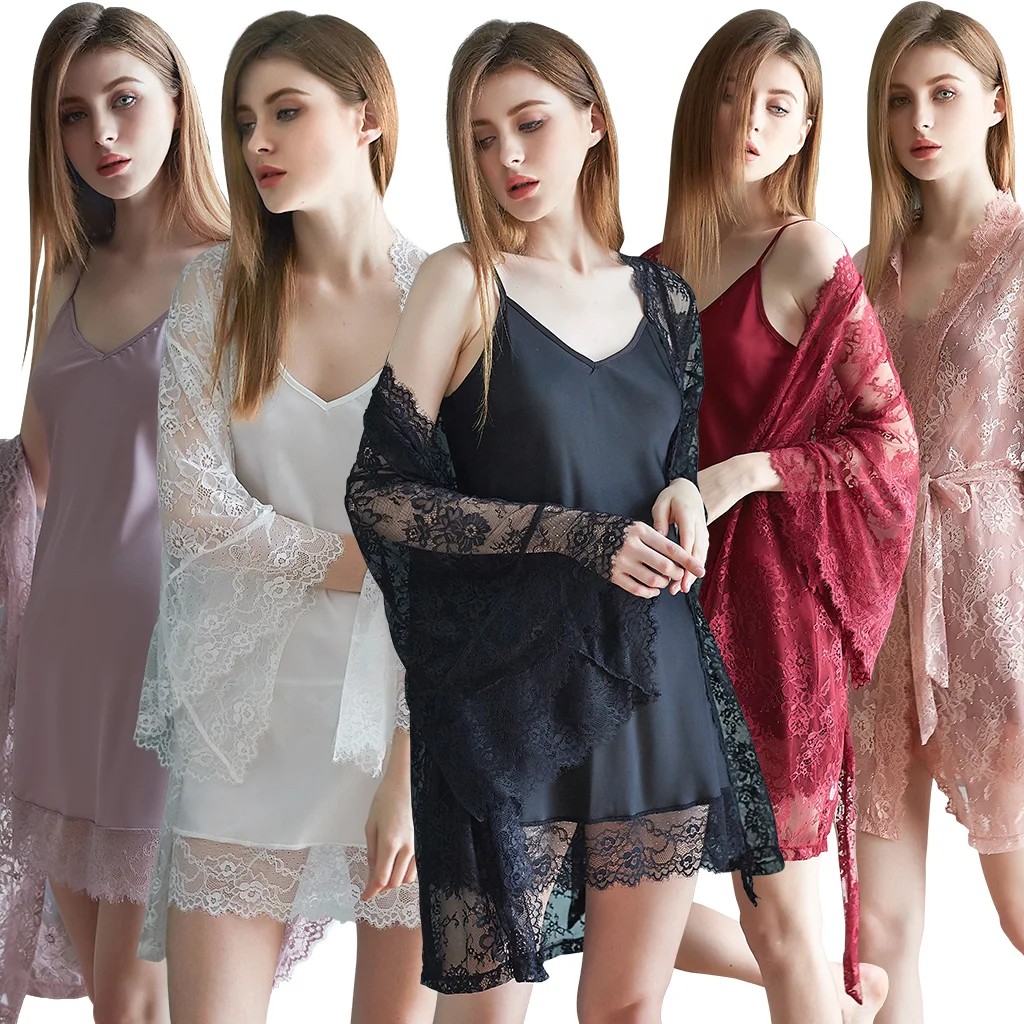 
Hollow out women sexy long sleeve lace robe plus size solid color silk sleeveless nightdress two piece set 