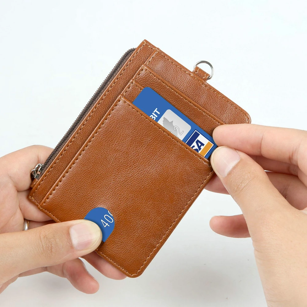 RFID PU Leather Credit Card Case Portable Multi Card Slots Zipper Wallet ID Badge Card Holder With Hand Strap