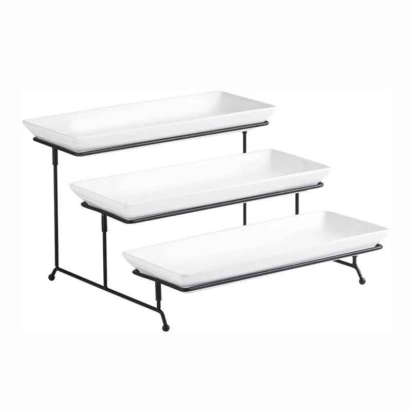 3 Tier Cup Cake Snack Fruit Server Tray Display Serving Dishes Plates 12 Inch White Porcelain Serving Trays with Metal Stand